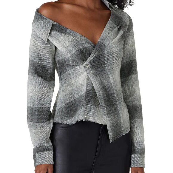 RtA Lizbeth ⭐️Asymmetrical Wool flannel off shoulder wrap Top in Gray Plaid ⭐️ S - Picture 1 of 8